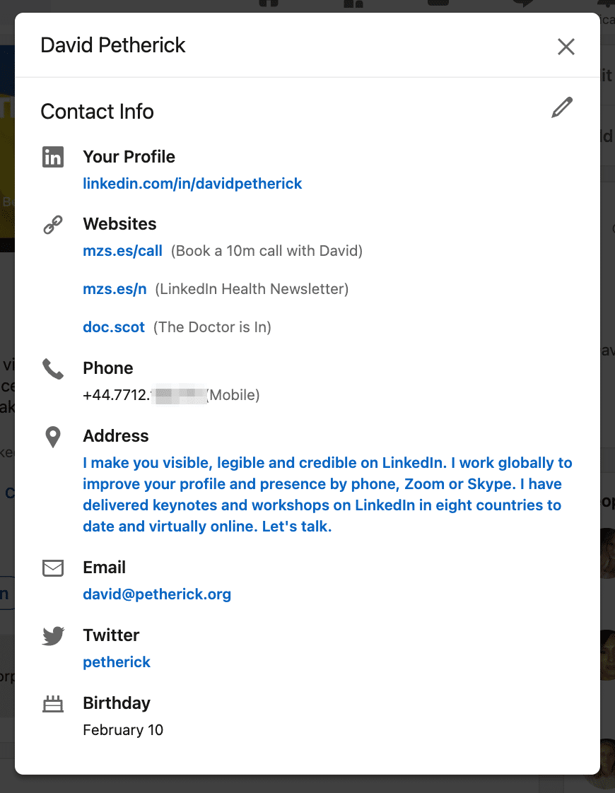 Contact Info panel allows you to add up to three web links