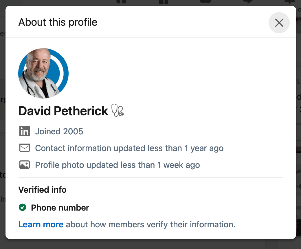 Verified LinkedIn Profile: 'About this profile' tab