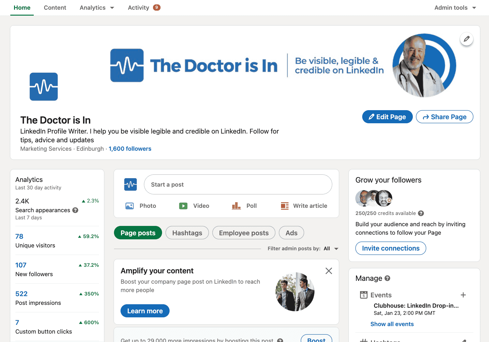 The Doctor is In Company Page on LinkedIn - Admin View
